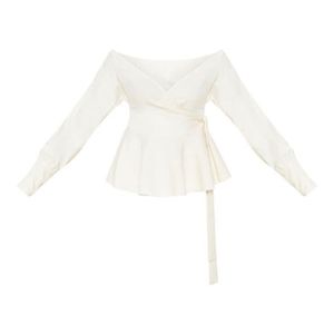 Cream Plunge Peplum Hem Long Sleeve Blouse